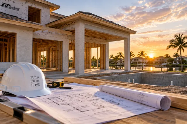 Home under construction with building plans and a hard hat